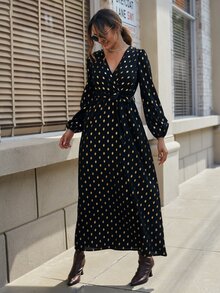 Gold Dot Print Lantern Sleeve Belted Dress - Black - View 3