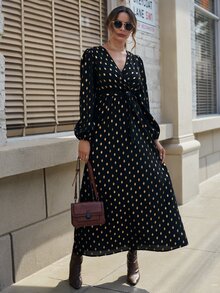 Gold Dot Print Lantern Sleeve Belted Dress - Black - View 4