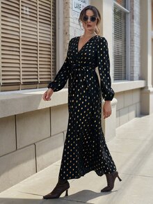 Gold Dot Print Lantern Sleeve Belted Dress - Black - View 5