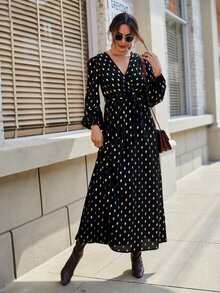 Gold Dot Print Lantern Sleeve Belted Dress - Black - View 6