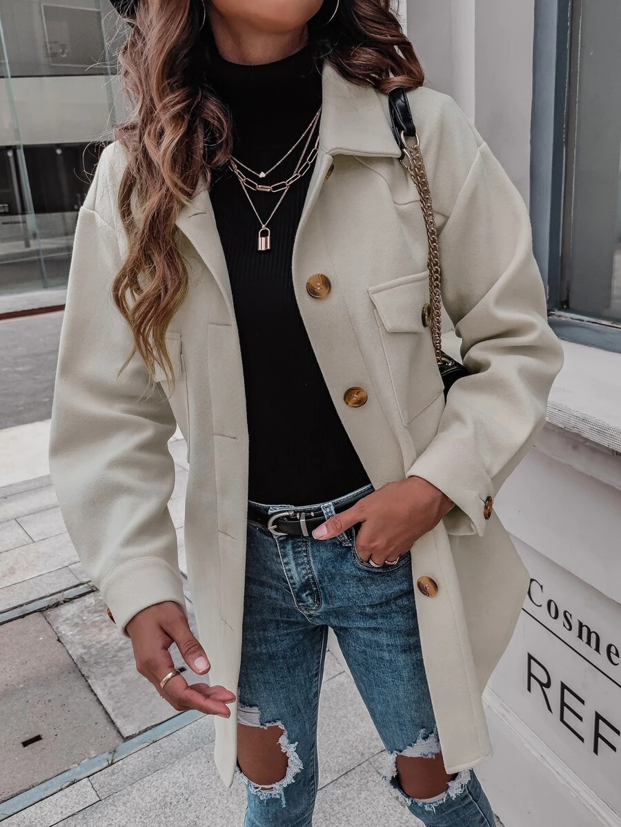 SHEIN Unity Flap Pocket Drop Shoulder Belted Overcoat - Beige - View 1