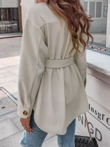 SHEIN Unity Flap Pocket Drop Shoulder Belted Overcoat - Beige - View 2
