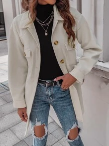 SHEIN Unity Flap Pocket Drop Shoulder Belted Overcoat - Beige - View 5