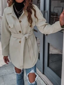 SHEIN Unity Flap Pocket Drop Shoulder Belted Overcoat - Beige - View 6