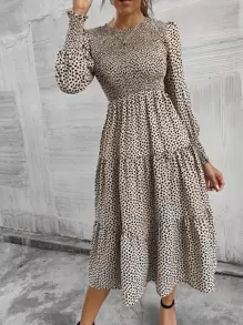 SHEIN Clasi Allover Print Shirred Bishop Sleeve Ruffle Hem Dress - Multicolor - View 3