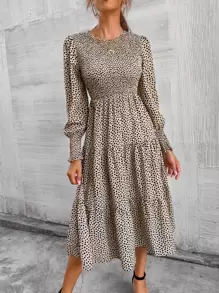 SHEIN Clasi Allover Print Shirred Bishop Sleeve Ruffle Hem Dress - Multicolor - View 5