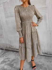 SHEIN Clasi Allover Print Shirred Bishop Sleeve Ruffle Hem Dress - Multicolor - View 6