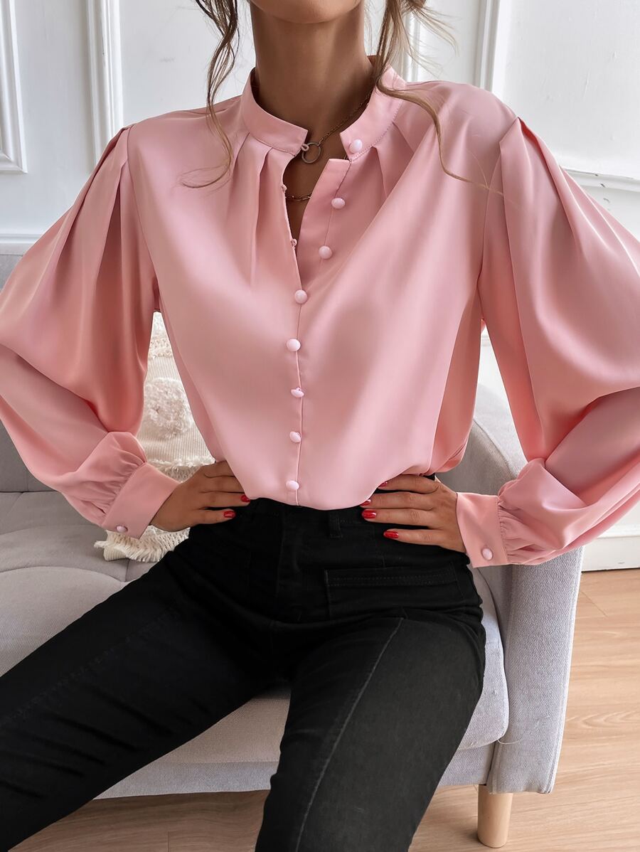 Chiquease Bishop Sleeve Button Up Blouse,Long Sleeve Tops Fall Cloth For Women - Baby Pink - View 1