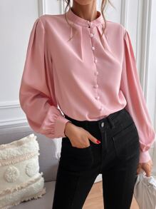 Chiquease Bishop Sleeve Button Up Blouse,Long Sleeve Tops Fall Cloth For Women - Baby Pink - View 3