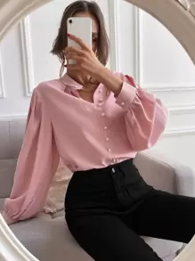 Chiquease Bishop Sleeve Button Up Blouse,Long Sleeve Tops Fall Cloth For Women - Baby Pink - View 5