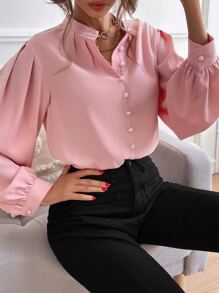 Chiquease Bishop Sleeve Button Up Blouse,Long Sleeve Tops Fall Cloth For Women - Baby Pink - View 7