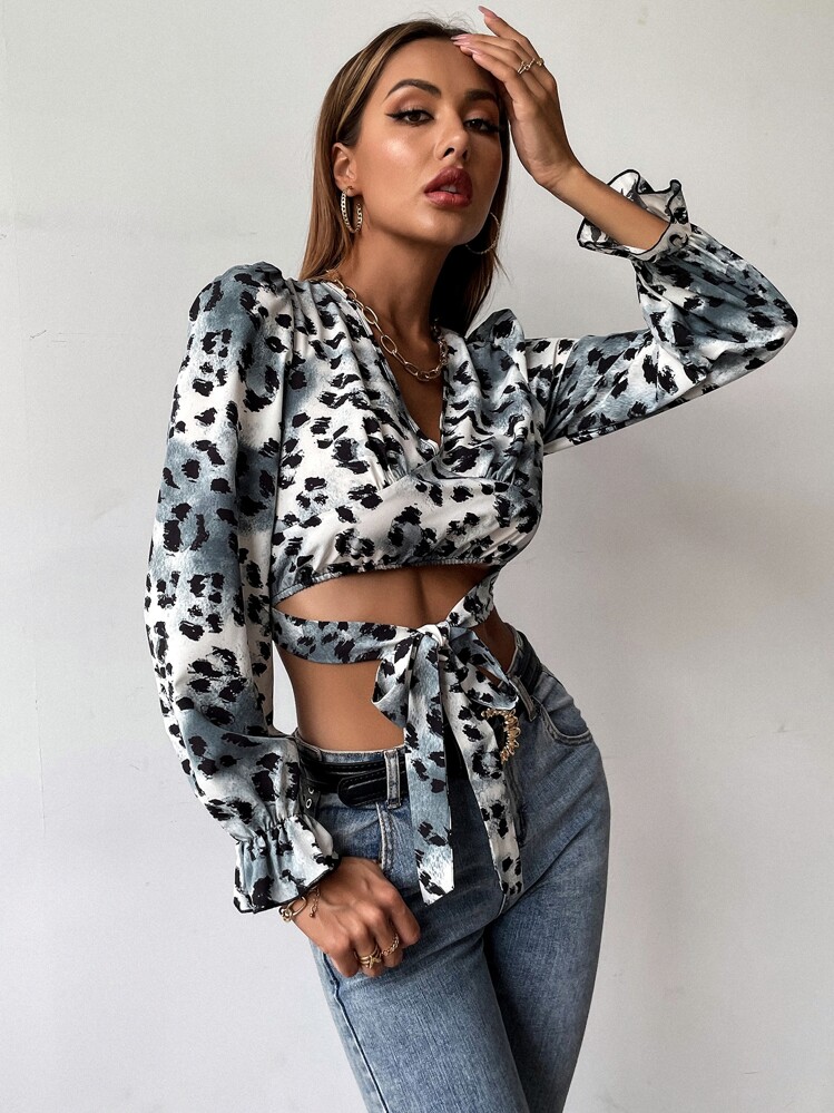 Chiquease Leopard Flounce Sleeve Tie Front Blouse - Multicolor - View 1