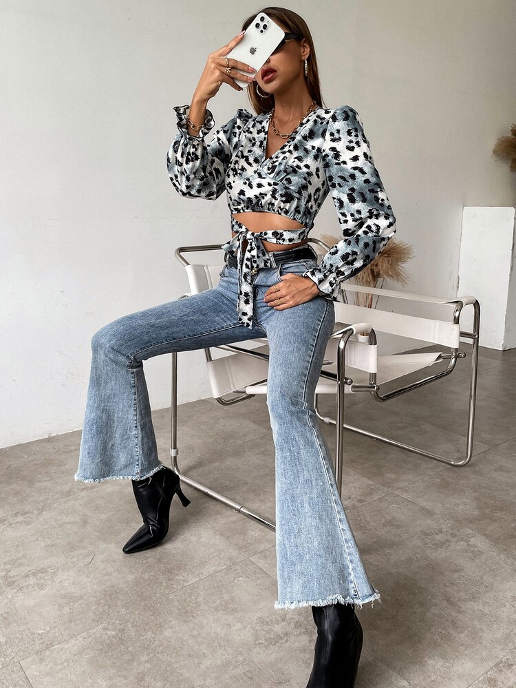 Chiquease Leopard Flounce Sleeve Tie Front Blouse - Multicolor - View 6