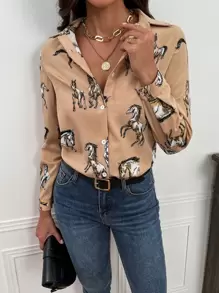 馬印花前排扣襯衫 - 卡其色 - 查看 1