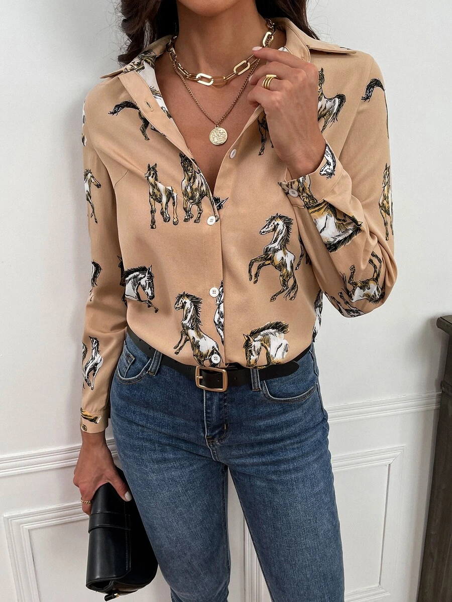 馬印花前排扣襯衫 - 卡其色 - 查看 1