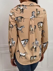 馬印花前排扣襯衫 - 卡其色 - 查看 2