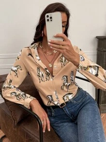 馬印花前排扣襯衫 - 卡其色 - 查看 3