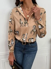 馬印花前排扣襯衫 - 卡其色 - 查看 4