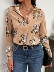 馬印花前排扣襯衫 - 卡其色 - 查看 6