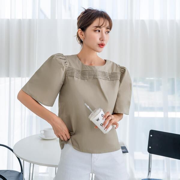 

Fold Pleated Puff Sleeve Blouse, Khaki
