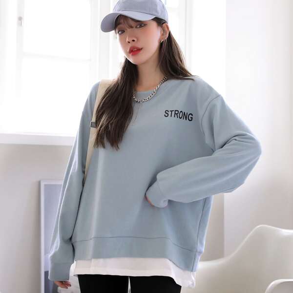 

Letter Graphic Drop Shoulder Contrast Hem Pullover, Dusty blue