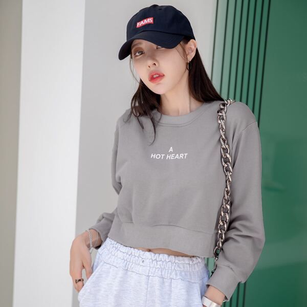 

Slogan Graphic Drop Shoulder Crop Pullover, Grey