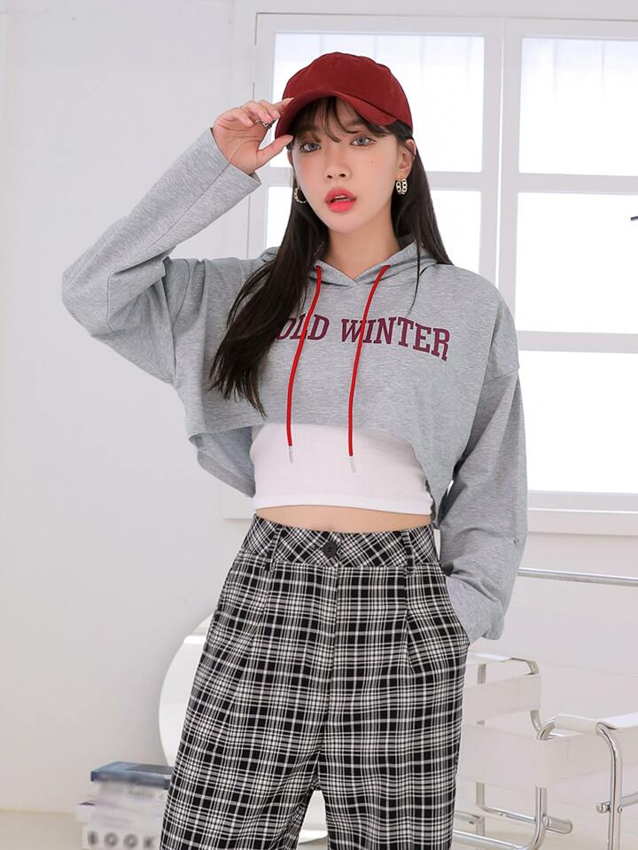 DAZY 文字グラフィック ドロップショルダー ドローストリング Tシャツなし DAZY 文字グラフィック ドロップショルダー クロップド丈