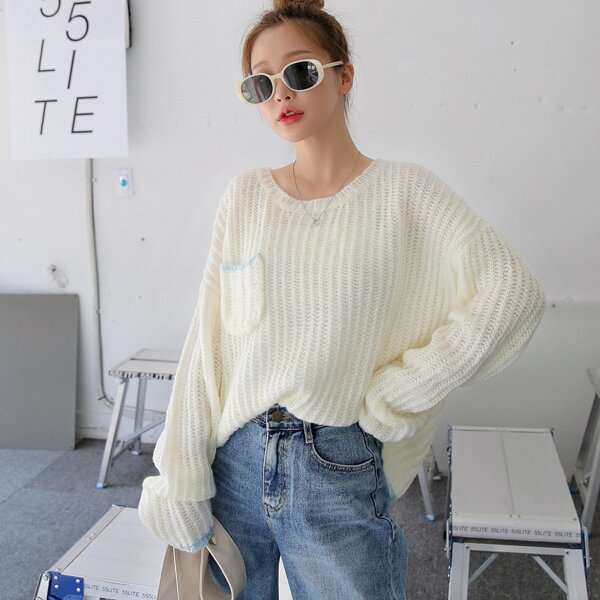 

Drop Shoulder Pocket Patched Sweater, White