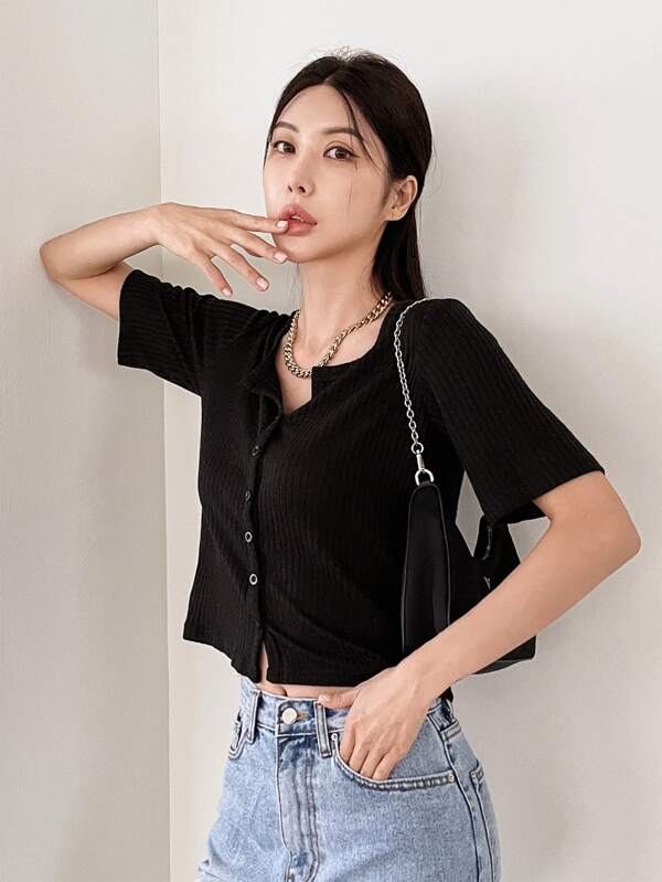 DAZY Solid Ribbed Knit Crop Tee Summer Preppy Tops