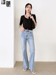 DAZY Solid Ribbed Knit Crop Tee Summer Preppy Tops - Black - View 3