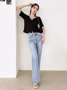 DAZY Solid Ribbed Knit Crop Tee Summer Preppy Tops - Black - View 4