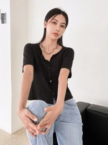 DAZY Solid Ribbed Knit Crop Tee Summer Preppy Tops - Black - View 5