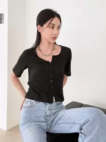 DAZY Solid Ribbed Knit Crop Tee Summer Preppy Tops - Black - View 6