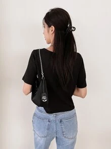 DAZY Solid Ribbed Knit Crop Tee Summer Preppy Tops - Black - View 8