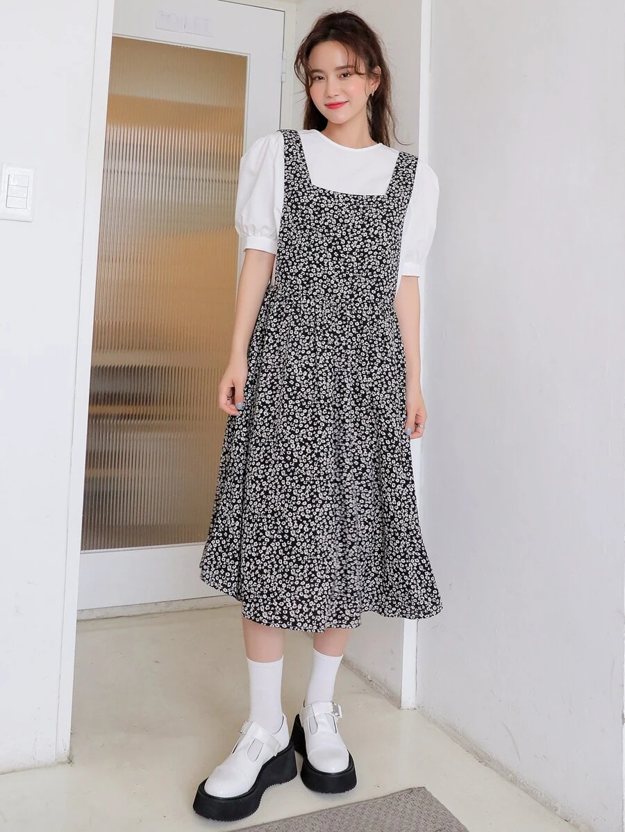 DAZY 泡泡袖上衣和小碎花背帶裙 - 黑與白 - 查看 1