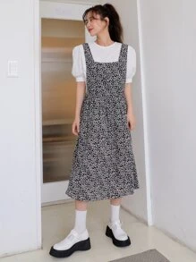 DAZY 泡泡袖上衣和小碎花背帶裙 - 黑與白 - 查看 6