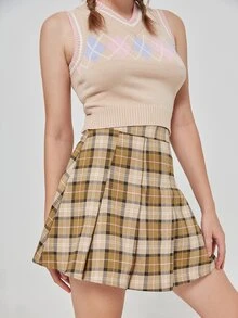 ROMWE Plaid Pleated Skirt - Multicolor - View 5