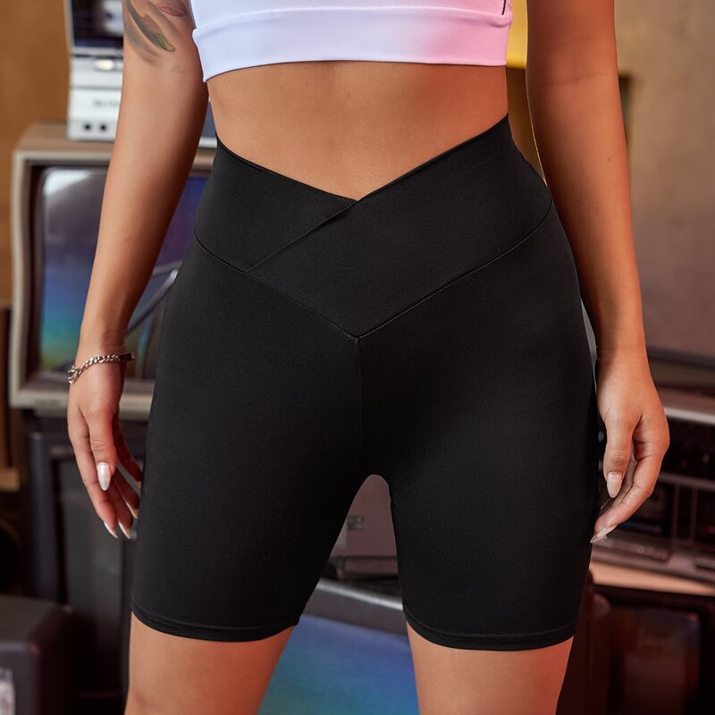 

Overlap Asymmetrical Waist Biker Shorts, Black