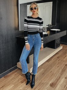 Striped Slim Fit Jumper - Black and White - View 3