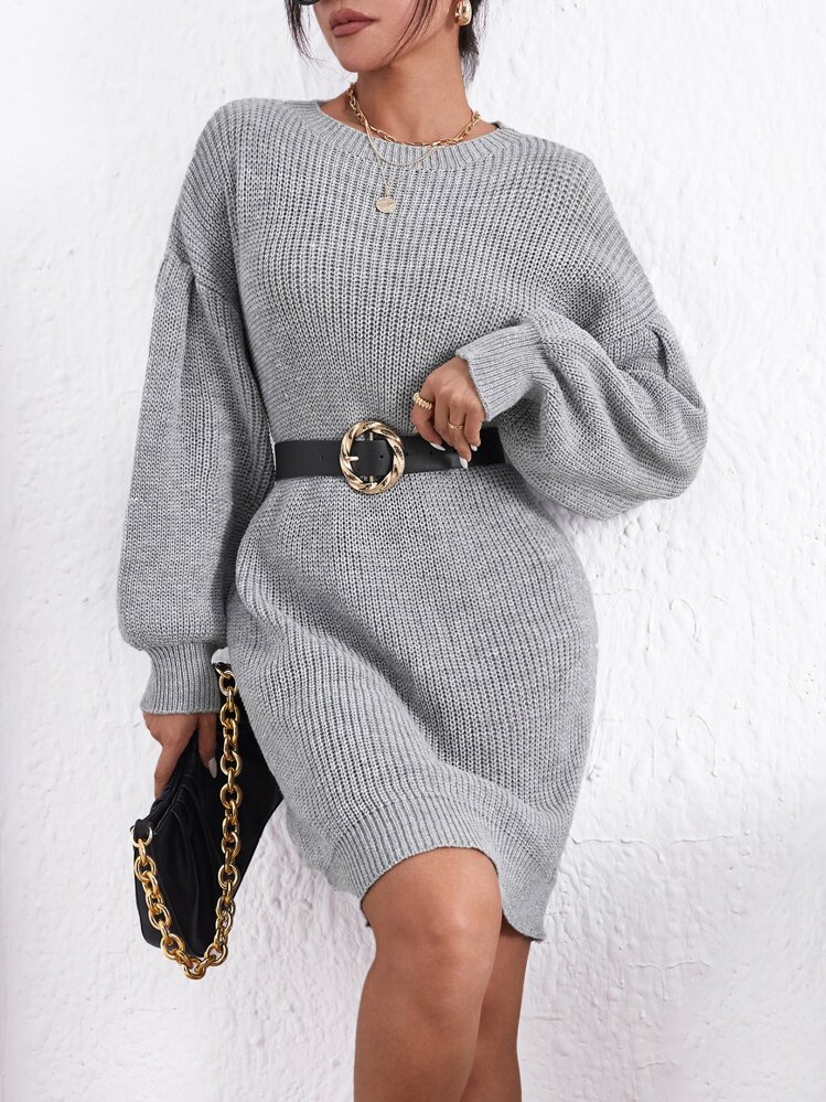 SHEIN Privé Lantern Sleeve Sweater Dress Without Belt - Grey - View 1