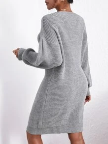 SHEIN Privé Lantern Sleeve Jumper Dress Without Belt - Grey - View 2