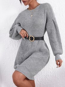 SHEIN Privé Lantern Sleeve Jumper Dress Without Belt - Grey - View 3