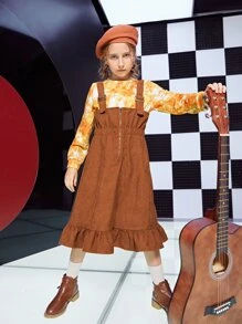 SHEIN Girls Zip Up Ruffle Hem Corduroy Pinafore Dress Without Tee - Brown - View 3