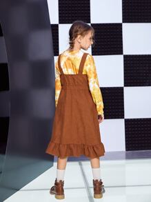 SHEIN Girls Zip Up Ruffle Hem Corduroy Pinafore Dress Without Tee - Brown - View 2