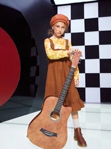 SHEIN Girls Zip Up Ruffle Hem Corduroy Pinafore Dress Without Tee - Brown - View 6