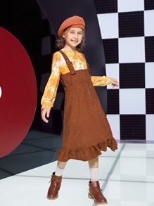 SHEIN Girls Zip Up Ruffle Hem Corduroy Pinafore Dress Without Tee - Brown - View 7