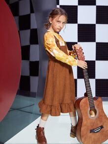 SHEIN Girls Zip Up Ruffle Hem Corduroy Pinafore Dress Without Tee - Brown - View 8