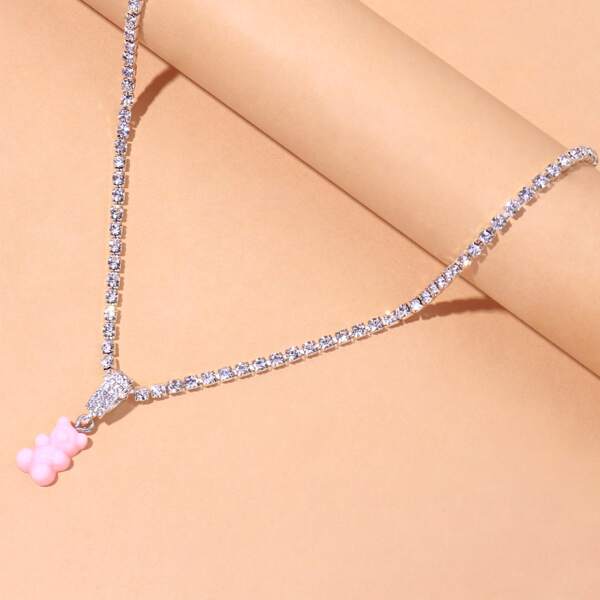

Rhinestone Bear Charm Necklace, Pink