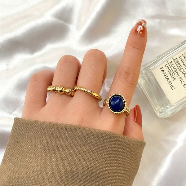 

3pcs Gemstone Decor Ring, Gold