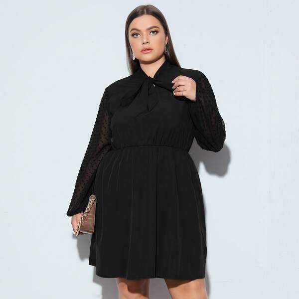 

Plus Swiss Dot Contrast Mesh Tie Neck Dress, Black